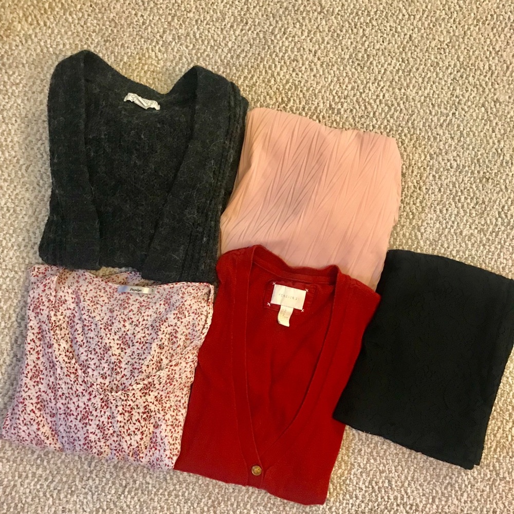 Bundle of 5 cardigans, midi skirts, floral shirt,